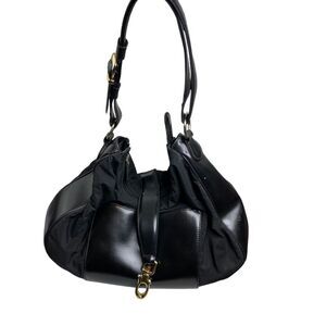 XXI SECOLO Women's Chic Italian Made Black Leather Nylon Slouchy Shoulder Bag